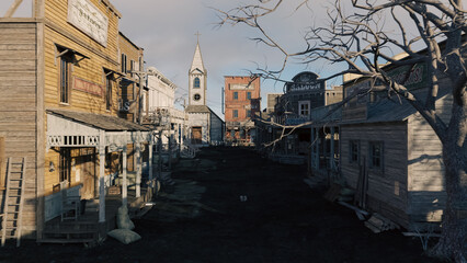 3D illustration rendering of an empty street in an old wild west town with wooden buildings.