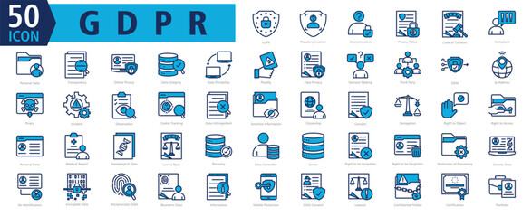 GDPR ICON SET With Pseudonymisation, Anonymization, Privacy Policy, Code of Conduct, Complaint, Personal Data, Transparency, Online Privacy, Data Integrity and Data Portability