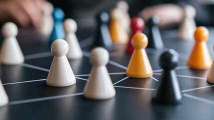 Game pieces on board connected by lines, showcasing strategy and interaction