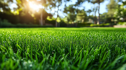 Naklejka premium Dewy grass, sunlit park, morning, nature