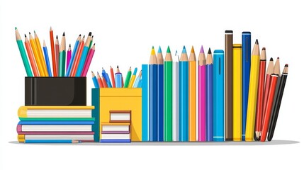 Fototapeta premium Colorful array of pencils, books, and stationery supplies arranged neatly