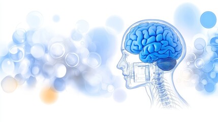Artistic visualization of a glowing human brain surrounded by abstract neural connections and bubbles, symbolizing cognitive function and advanced brain science