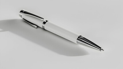 Sleek white pen on a plain white surface.