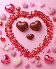 A delightful array of chocolates and hearts beautifully arranged to form a romantic heart shape on a soft pink backdrop, perfect for Valentine's Day.