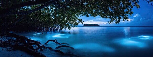 Obraz premium An intimate shot of the bioluminescent phytoplankton in the waters of Luminous Lagoon, Jamaica, Marine scene