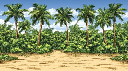 Fototapeta premium Lush Tropical Paradise Palm Trees and Verdant Foliage on a Sandy Beach
