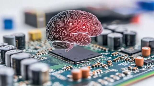 Close up of a glowing microchip with a transparent brain illustration, symbolizing artificial intelligence and futuristic advancements in digital computing