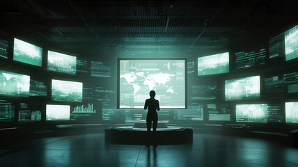Fototapeta premium person analyzing data in high tech control room with multiple screens displaying global information