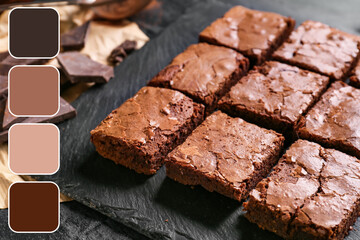 Board with pieces of tasty chocolate brownie on table, closeup