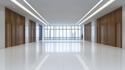 Obraz premium Modern spacious office hallway with large windows and wood paneling.