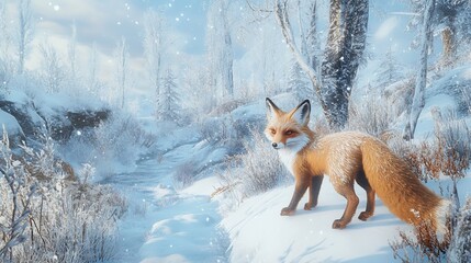 Red fox standing in snowy winter forest landscape near a stream.