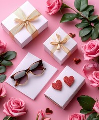 Three charming boxes adorned with hearts sit together, accompanied by a stylish pair of sunglasses, radiating love and playful spirit for Valentine's Day.