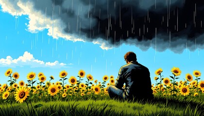 Solitary Figure Amidst Sunflowers Under a Stormy Sky: A Melancholic Illustration