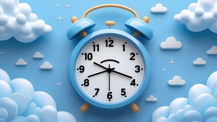 Blue Monday typography, cartoon alarm clock face, sad expression, light blue background, fluffy clouds.