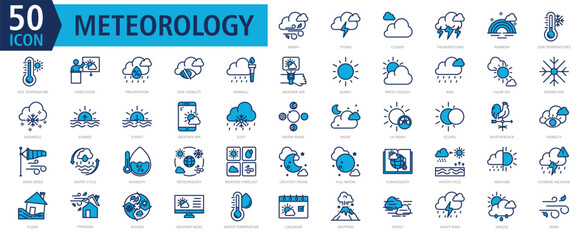 METEOROLOGY ICON SET With windy, storm, cloudy, thunderstorm, rainbow, low temperatures, hot temperature, forecaster, precipitation and low visibility