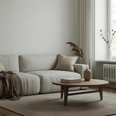 Minimalist living room, large circular window, soft natural light, grey L-shaped couch, round wooden coffee table, neutral color palette, potted plant, cozy carpet, zen atmosphere, clean lines, modern