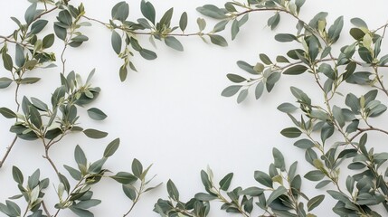 Light green foliage branches frame a white background.