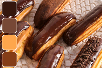 Plate of sweet chocolate eclairs, closeup