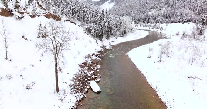 Scenic Flathead River Aerial Drone Glacier National Park Winter