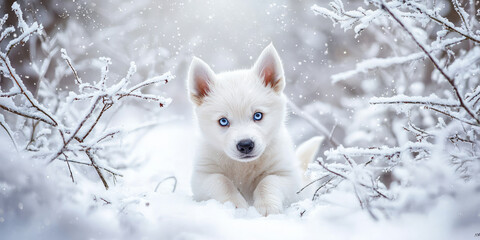 Obraz premium Cute white puppy with blue eyes, playing in the snow, happy expression, looking at the camera, snowy background, generative AI