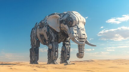 Futuristic robotic elephant in desert.