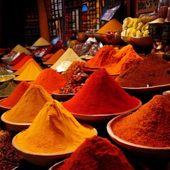 Colorful spice market scene with mounds of vibrant powders in bowls, exotic flavors,
