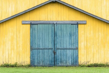 Vibrant Yellow Barn with Rustic Blue Sliding Doors Surrounded by Lush Green Grass in a Peaceful Rural Setting