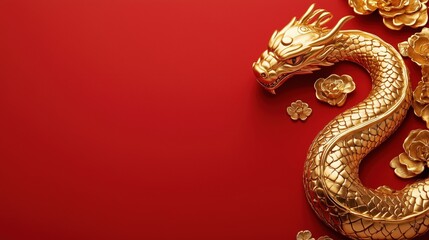 Fototapeta premium Golden snake on red background with copy space, Chinese new year background
