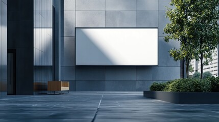 Blank billboard on modern building exterior, showcasing urban landscape with plants and seating.