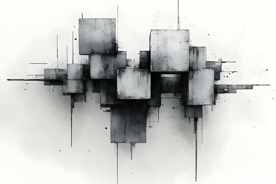 Abstract grayscale cube city skyline art print