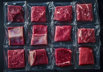 Fresh Cuts of Beef Wrapped in Plastic Packaging Organized in a Grid Pattern, Showcasing Varieties of Red Meat for Culinary Use and Meal Preparation