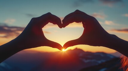 Fototapeta premium Silhouette of hands forming a heart shape against a vibrant sunset.