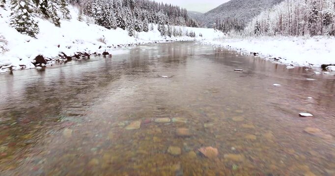 Aerial Drone Snow-Covered Glacier National Park and Flathead River