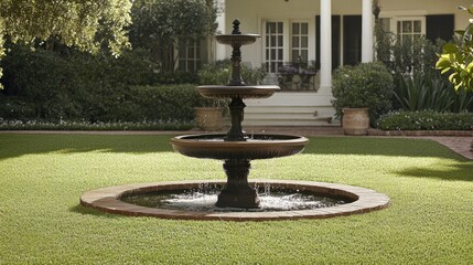 A small decorative fountain placed at the center of a front lawn.