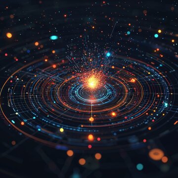 Glowing scatter plots and radial charts displayed on an interactive screen