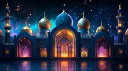 Obraz premium Majestic mosque illuminated at night during Ramadan celebration with colorful lights