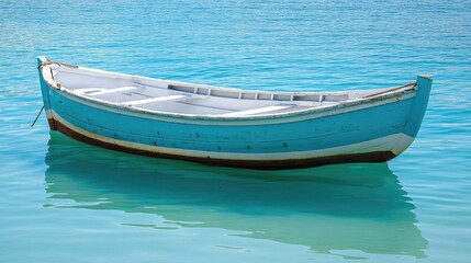 Naklejka premium A small fishing boat drifting in calm turquoise waters, with gentle ripples around it.