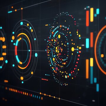 Glowing scatter plots and radial charts displayed on an interactive screen