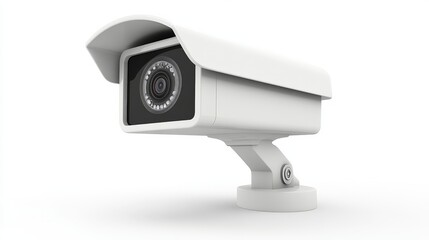 High resolution side view of a white outdoor CCTV camera against a clear sky, symbolizing modern surveillance systems and enhanced security measures