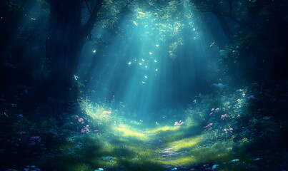 Fototapeta premium Enchanted Forest Path, Sunlight, Magic, Flowers, Fantasy