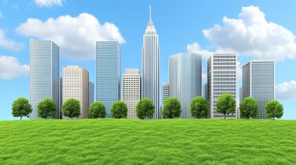 Obraz premium Modern City Skyline with Lush Green Foreground, Blue Sky, and Fluffy Clouds
