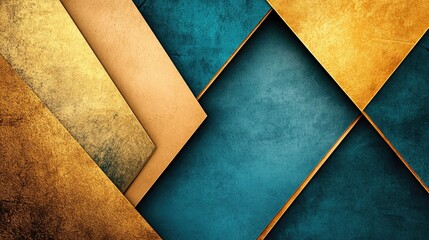 A bold abstract card design with triangular patterns in gold and teal, creating a strong visual appeal with plenty of space for text.