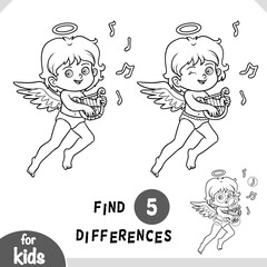 Cute cartoon character Angel with harp. Find differences black and white educational game for kids