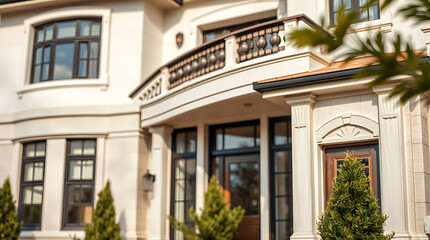Fototapeta premium A beige, multi-story house with a large entryway featuring a curved balcony and dark-framed windows and doors. Landscaped evergreen shrubs are planted near the entrance.