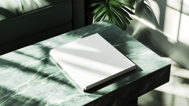 Blank book mockup on green marble coffee table with sunlight and plant.