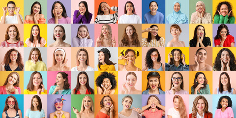 Collage of many women on color background