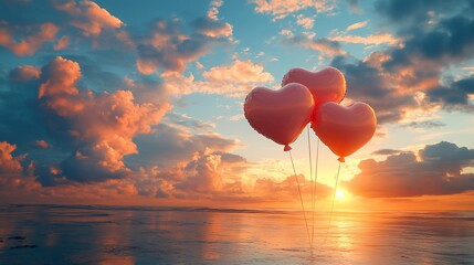 Fototapeta premium Three pink heart-shaped balloons floating at sunset over calm water.