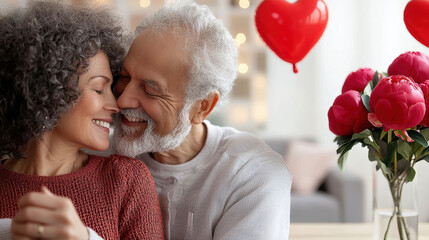 Obraz premium An affectionate elderly couple sits closely amidst a cheerful heart-themed setting, radiating warmth and joy.