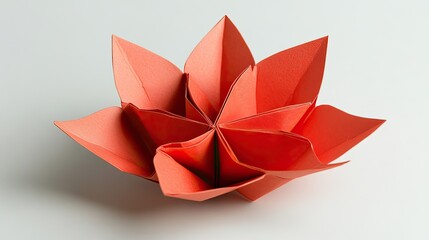 Fototapeta premium A neatly folded origami flower in bright red on a light background, leaving open space in the center for a personalized greeting.