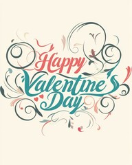 Elegant Happy Valentines Day Design with Floral Swirls and Heart-Shaped Typography.